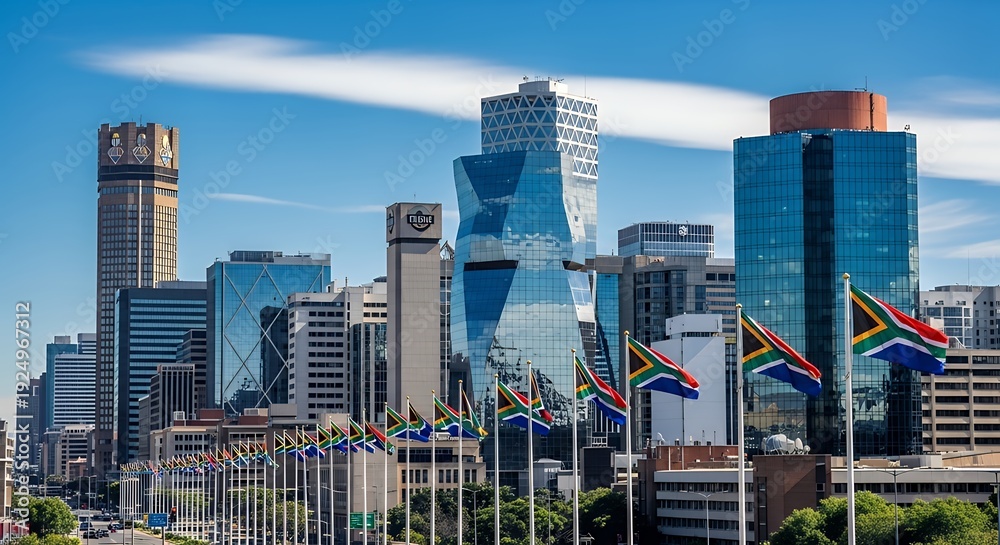 Fototapeta premium South African City Skyline with Flags.