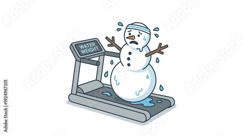 Melting Snowman Exercising on Treadmill with Sweat and Water Puddle.