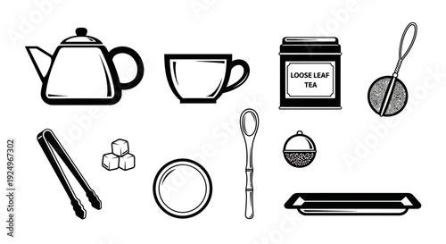 Illustration of a tea set with a teapot, cup, sugar, and spoon.