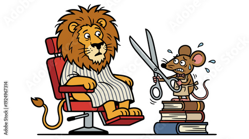 Lion Receiving Haircut from Mouse Barber in Chair.