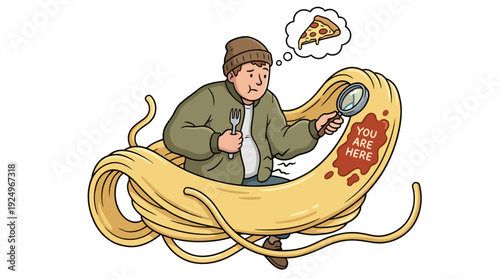 Man Navigating a Labyrinth of Spaghetti with Magnifying Glass.