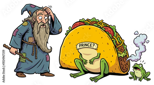 Confused Wizard Encounters a Frog Transformed into a Taco.