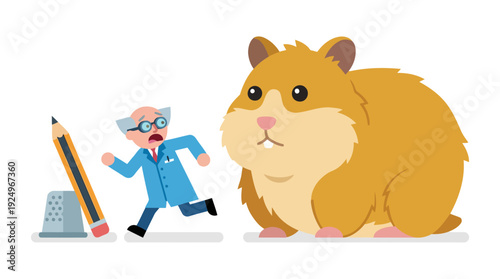 Tiny scientist running from a giant hamster with a pencil.