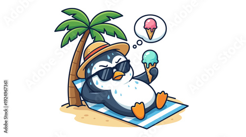 Happy Penguin Relaxing on Beach with Ice Cream Dream.