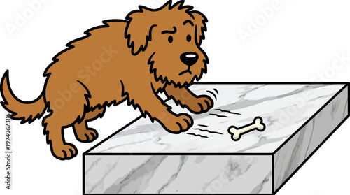 Cute cartoon dog looking at a bone on a marble slab.