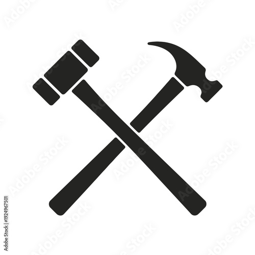 Two crossed tools, a hammer and a claw hammer, depicted in black and white silhouette isolated on white background, Vector, illustration