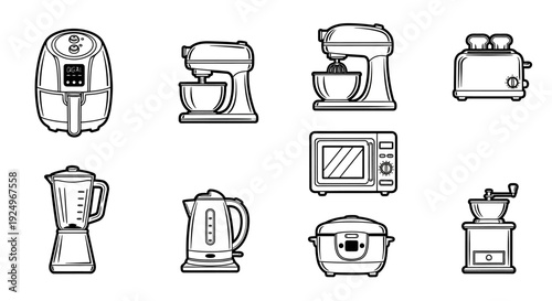 Line art illustration of various kitchen appliances