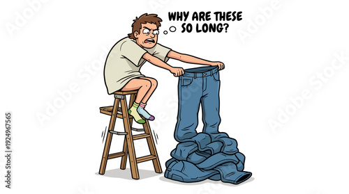 Frustrated Man Struggling with Overly Long Jeans.