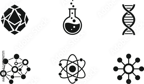 Black science icons set featuring crystallography, chemistry flask, DNA helix, neural network, atomic model, molecular hub, educational research symbols.