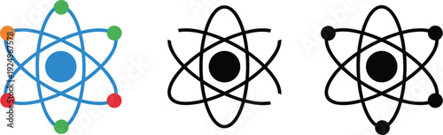 Colorful and monochrome atomic model icons showing nucleus with orbiting electrons, educational physics symbols for science, chemistry, and learning.