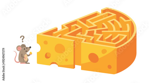 Cute Mouse Contemplating a Difficult Cheese Maze Puzzle Challenge.