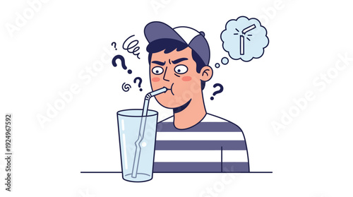 Confused Young Man Drinking with Straw Thinking About Windmill.