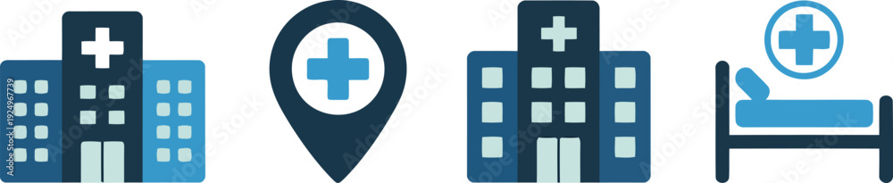 Fototapeta premium A vibrant set of four blue and white icons illustrating hospitals and medical patient services