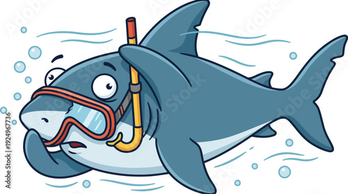 Cartoon Shark Wearing Snorkel Mask Swimming Underwater.