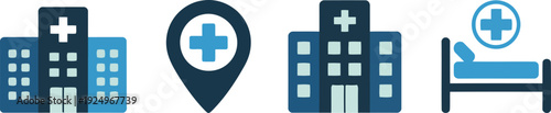 A vibrant set of four blue and white icons illustrating hospitals and medical patient services