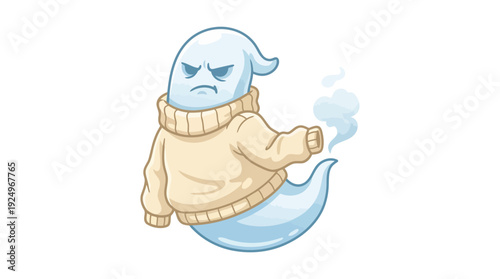 Grumpy Ghost Wearing Sweater Cartoon Illustration.