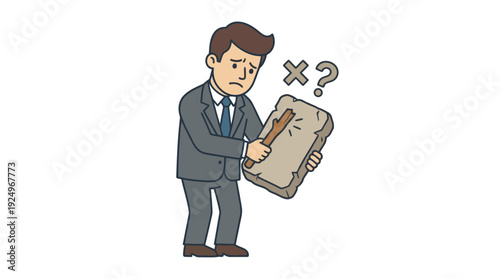 Confused Businessman Holding a Damaged Document with Question Marks and an X Mark.