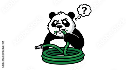 Confused Panda Chewing on Garden Hose with Question Mark Thought Bubble.