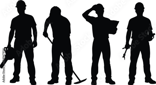 Construction worker silhouettes with tools in different poses isolated on white background, industrial labor and maintenance concept