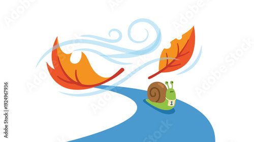 Illustration of a snail on a blue path with autumn leaves blowing in the wind.