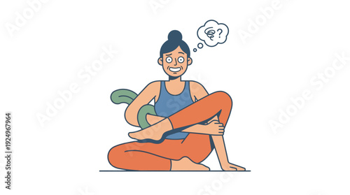 Confused Woman Practicing Yoga Pose with Question Marks.