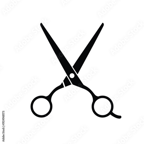 Black pair of scissors with circular handles and sharp blades isolated on white background, Vector, illustration
