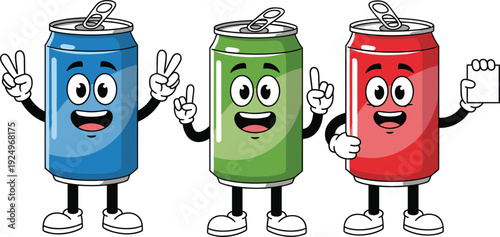 Three cartoon soda cans with faces and hands, one holding a blank card drink beverage