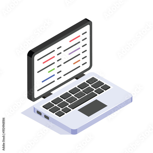 Isometric Laptop Computer Showing Programming Code on Screen.