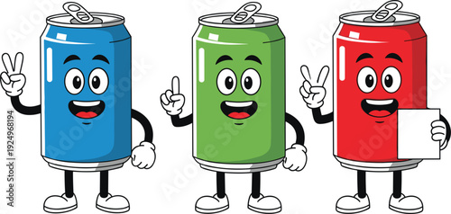 Three cartoon beverage cans with faces and arms smiling and gesturing Keywords: cartoon, can, drink, soda, beverage, blue, green