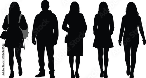 Black Silhouettes of Five Diverse Young Men and Women Standing in a Row Isolated on White Background for Minimalist Graphic Design