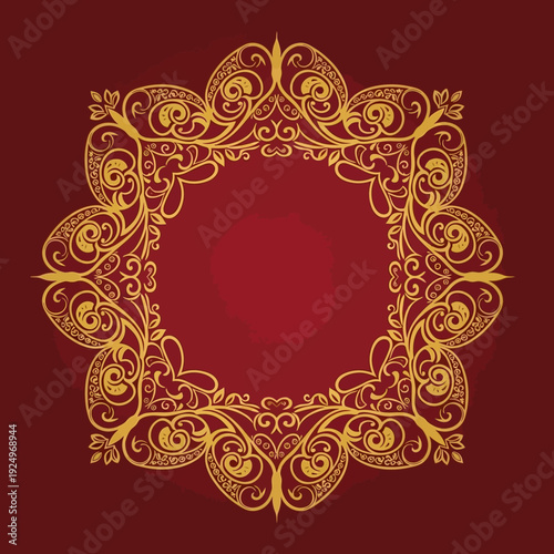 An ornate golden frame illustration on a deep red background viewed straight on with intricate details