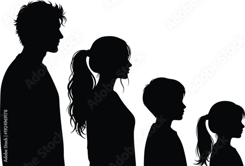 Profile Silhouettes of a Happy Caucasian Family with Two Children Standing in a Row Against a Clean White Background for Minimalist Design