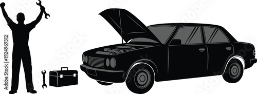 Silhouette of auto mechanic with raised wrench repairing car with open hood, automotive service and vehicle maintenance concept