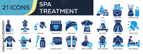 Collection of Spa Treatment icons, related to Aroma Diffuser, Face Mist, Facial Massage, Healthy Skin, Foot Pad and more. Solid icons vector illustation.