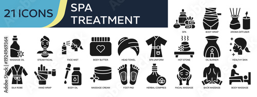 Collection of Spa Treatment icons, related to Aroma Diffuser, Face Mist, Facial Massage, Healthy Skin, Foot Pad and more. Glyph icons vector illustation.
