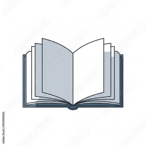 An open book with fanned pages, showing a simple illustration of reading and knowledge.