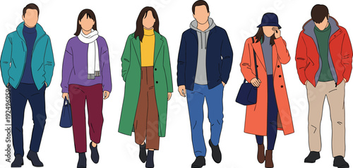 Flat illustration of diverse stylish people walking in autumn outfits isolated on white background, modern fashion and urban lifestyle concept