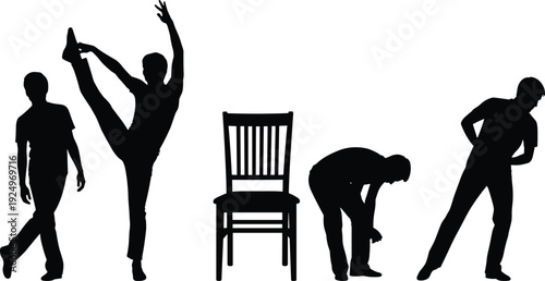 Silhouettes of man exercising and stretching around chair isolated on white background, fitness workout and healthy lifestyle concept