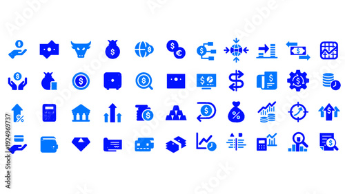 Comprehensive blue business and finance icons set featuring banking, analytics, management, digital payments, budgeting, and corporate strategy symbols.