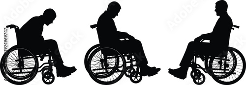 Silhouettes of disabled men in wheelchairs isolated on white background, disability awareness, accessibility and inclusive healthcare concept illustration