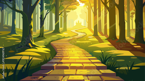 Very beautiful yellow brick road winding through a peaceful forest with soft sunlight filtering between trees, evoking mystery, exploration, and fairytale adventure.
