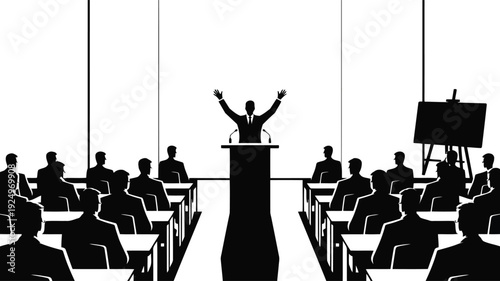 Black and white silhouette of a speaker standing at a podium addressing an audience in a hall