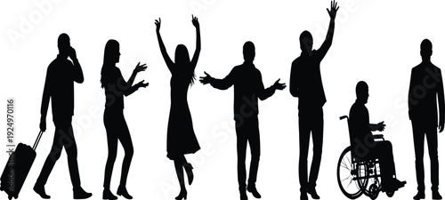 Diverse Group of People Silhouettes Including Person in Wheelchair and Traveler with Luggage Isolated on White Background for Inclusive Community Branding