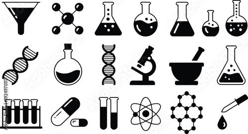Black silhouette icons depict a comprehensive set of laboratory equipment and scientific elements