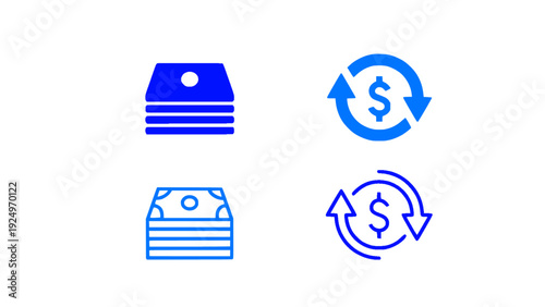Minimalist blue money and currency exchange icon set. Features banknotes, wallet, and circular exchange arrows symbolizing financial transactions and global payments.