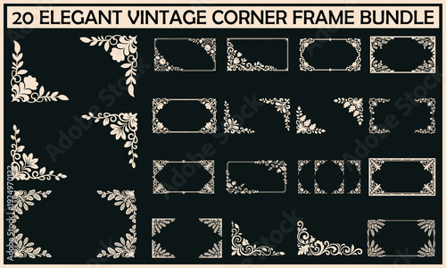 A collection of elegant vintage corner frames in a bundle isolated on white background, Vector