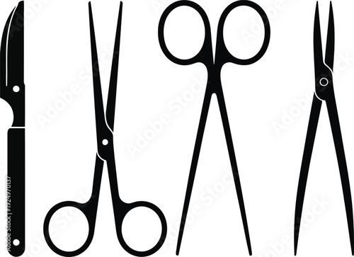 Black silhouettes of essential surgical instruments including a scalpel, scissors, and forceps on white