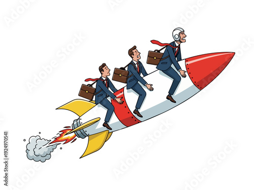 Anxious businessmen clinging to a speeding rocket with a leader wearing a helmet, metaphor for high risk business and fast paced competition
