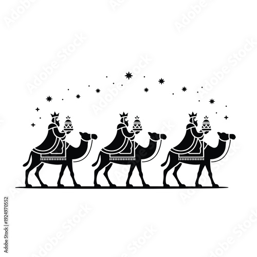 Three wise men riding camels under a starry night sky illustration isolated on white background, Vector, illustration