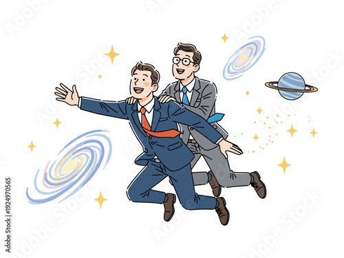 Two cheerful businessmen flying through outer space among galaxies and stars, concept of business growth, global vision and limitless potential